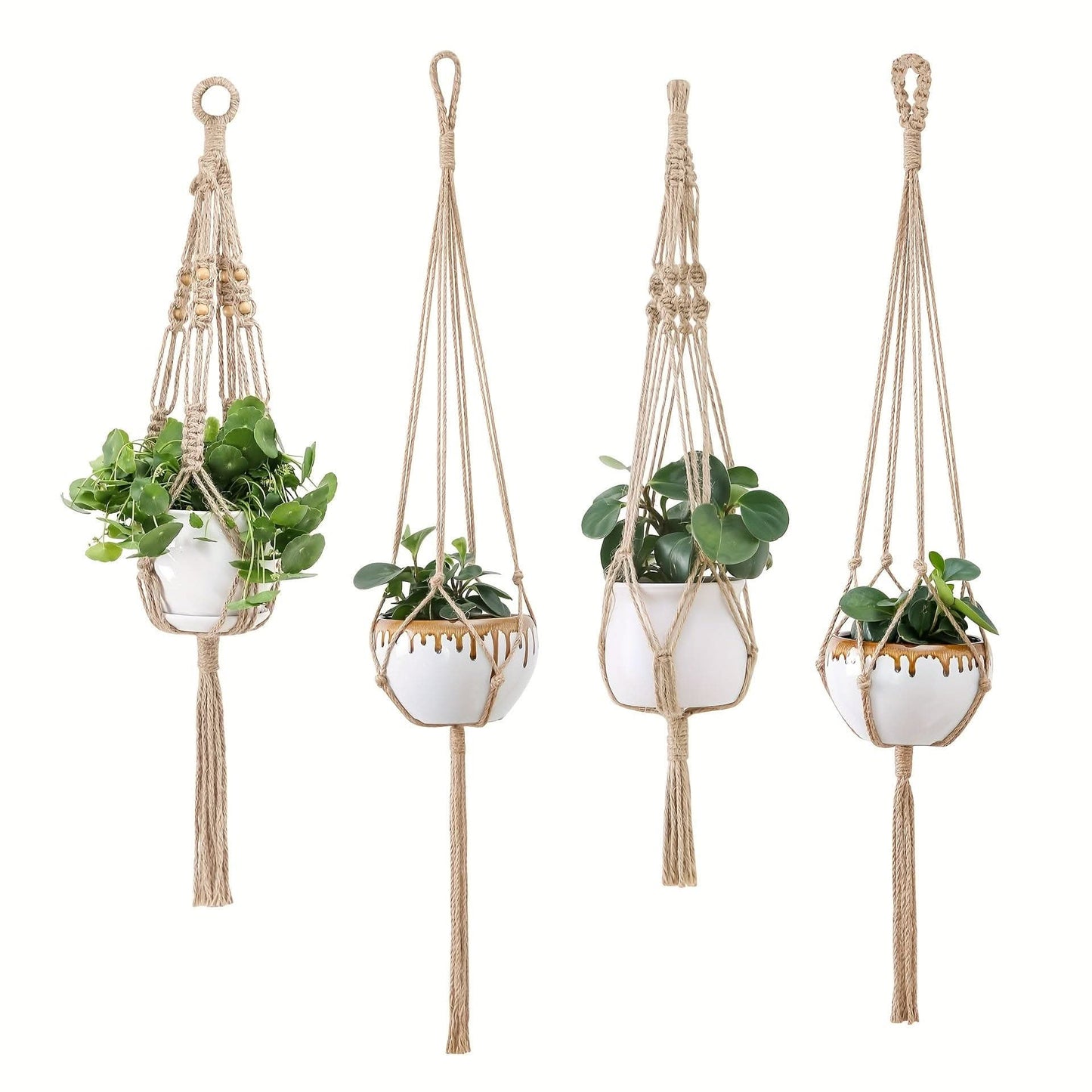 Boho-Chic 4pc White Macrame Plant Hangers - Versatile Lengths