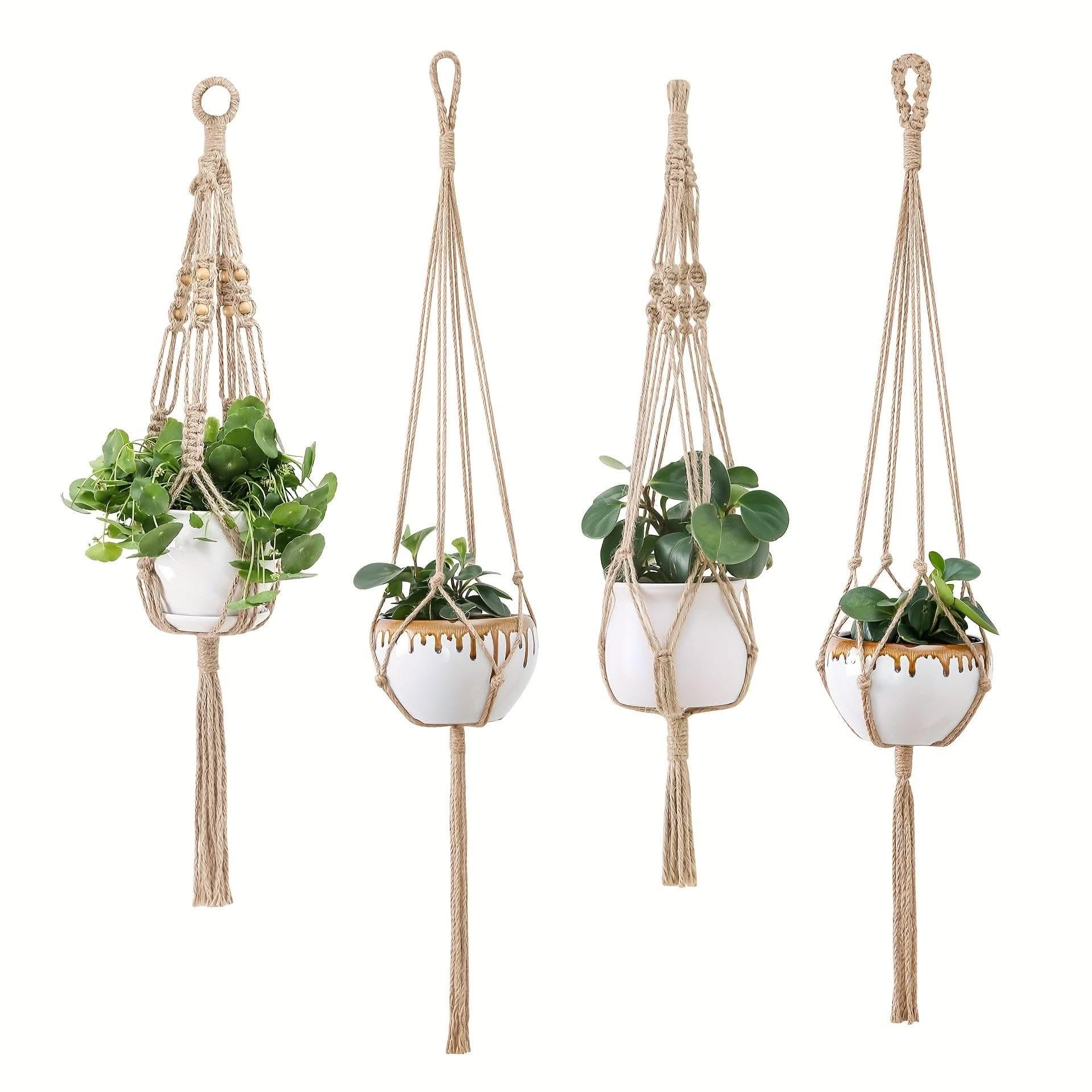 Boho-Chic 4pc White Macrame Plant Hangers - Versatile Lengths