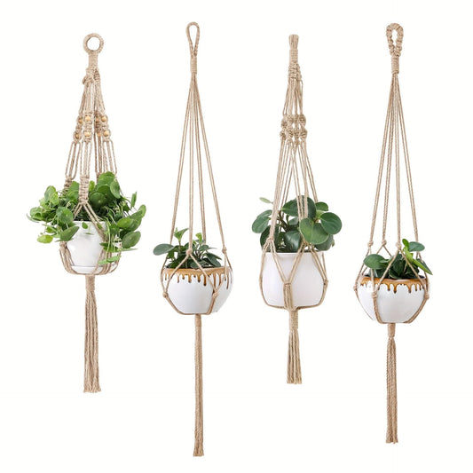 Boho-Chic 4pc White Macrame Plant Hangers - Versatile Lengths