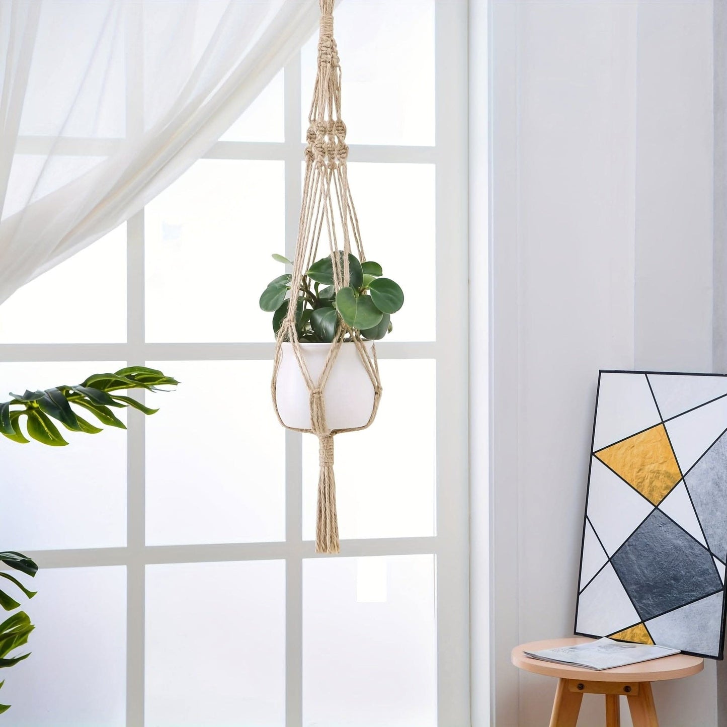 Boho-Chic 4pc White Macrame Plant Hangers - Versatile Lengths