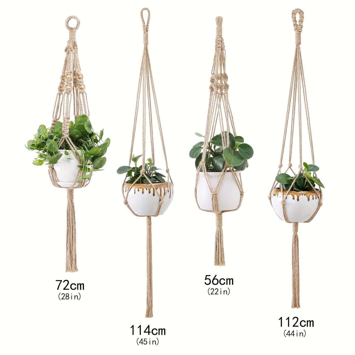 Boho-Chic 4pc White Macrame Plant Hangers - Versatile Lengths