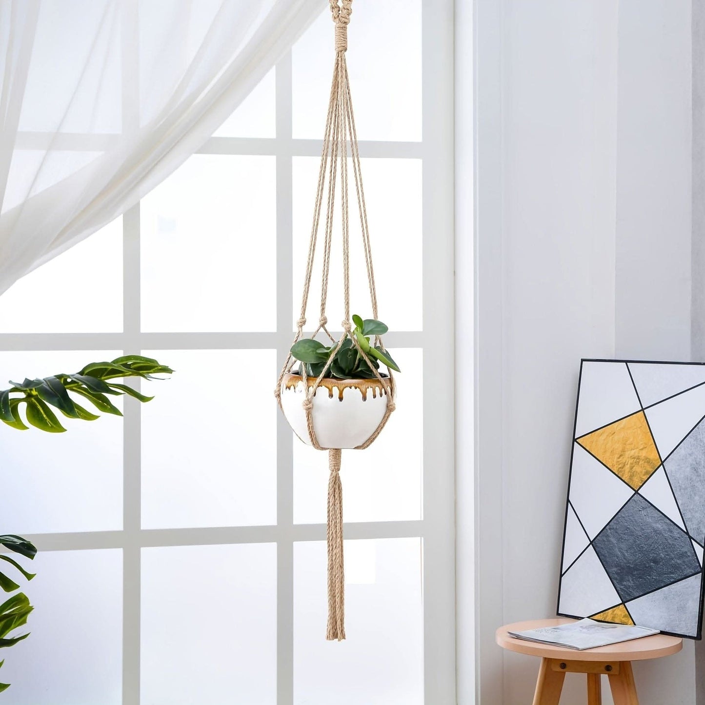 Boho-Chic 4pc White Macrame Plant Hangers - Versatile Lengths