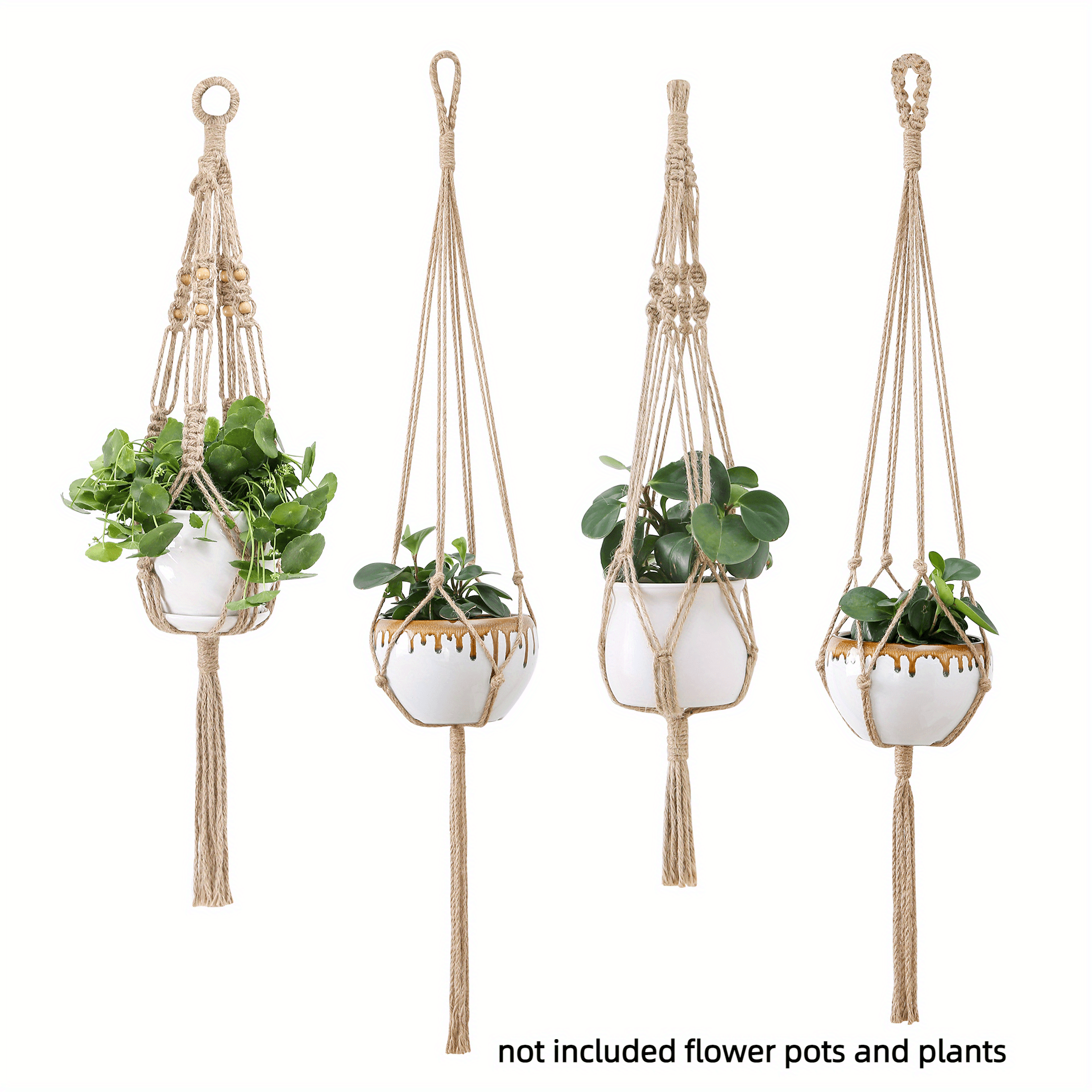 Boho-Chic 4pc White Macrame Plant Hangers - Versatile Lengths