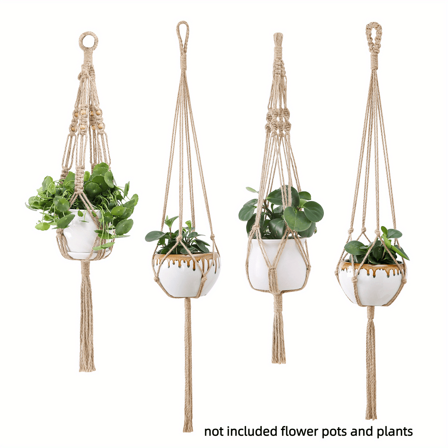 Boho-Chic 4pc White Macrame Plant Hangers - Versatile Lengths