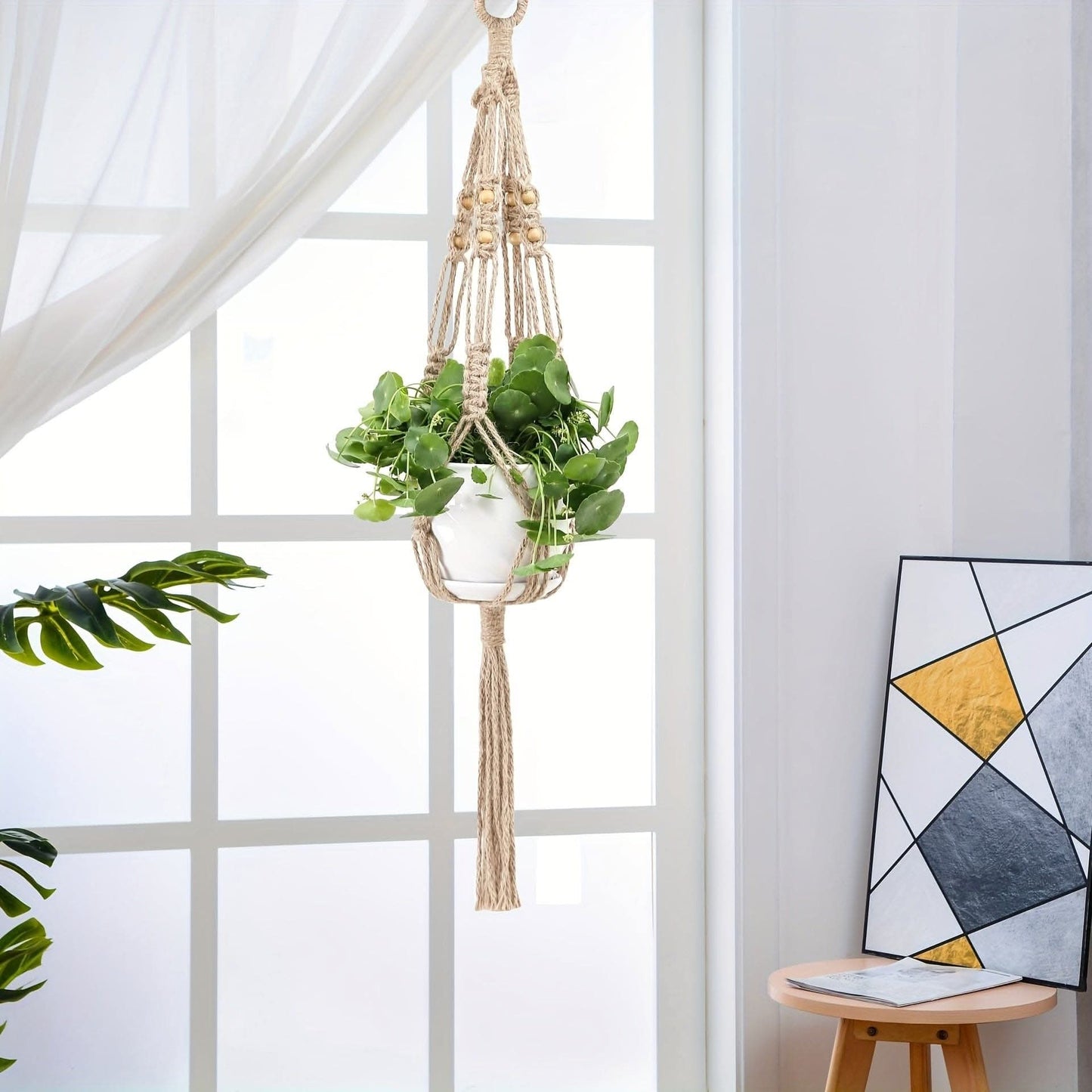 Boho-Chic 4pc White Macrame Plant Hangers - Versatile Lengths