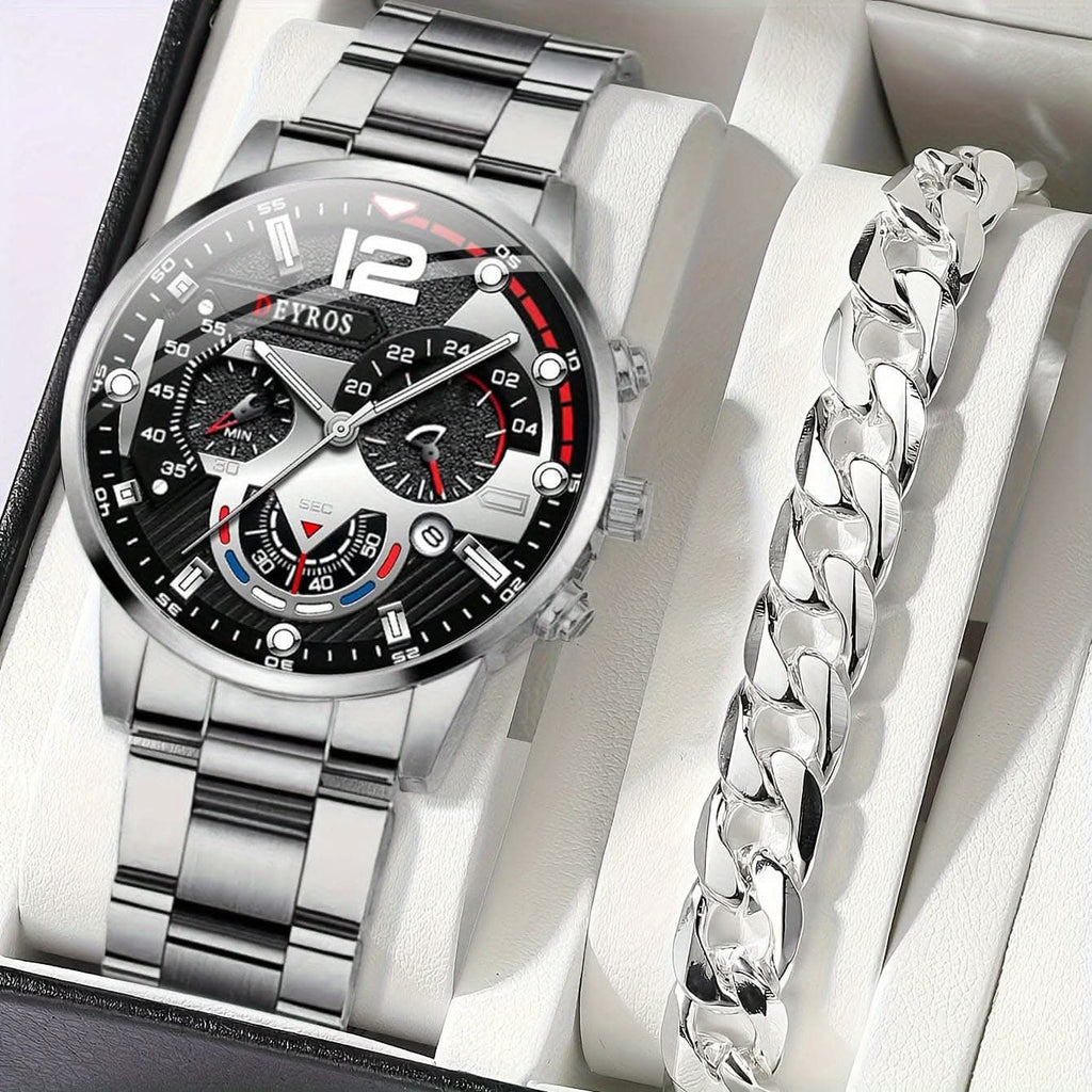 2pcs Set Business Watches - Men's Stainless Steel Date Quartz Round Watches