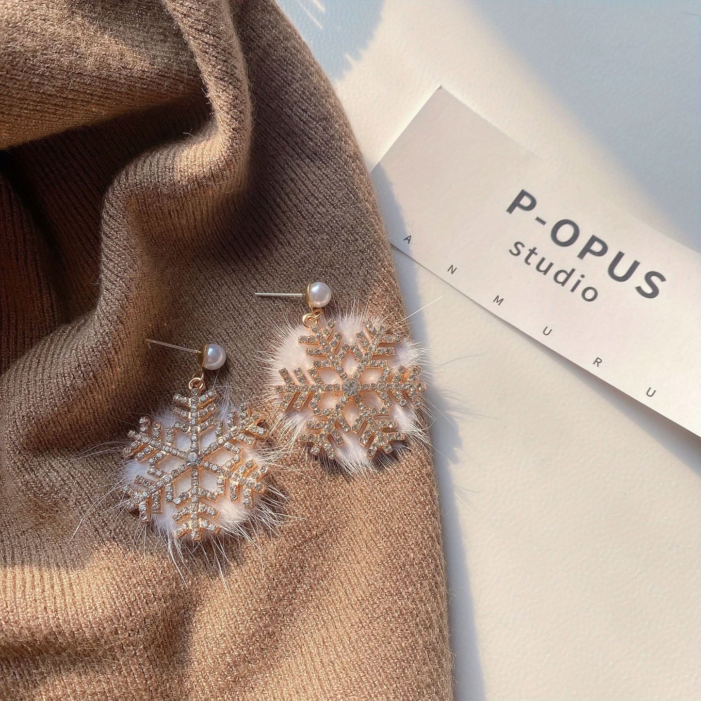 Snowflake Faux Fur Earrings with Gemstones
