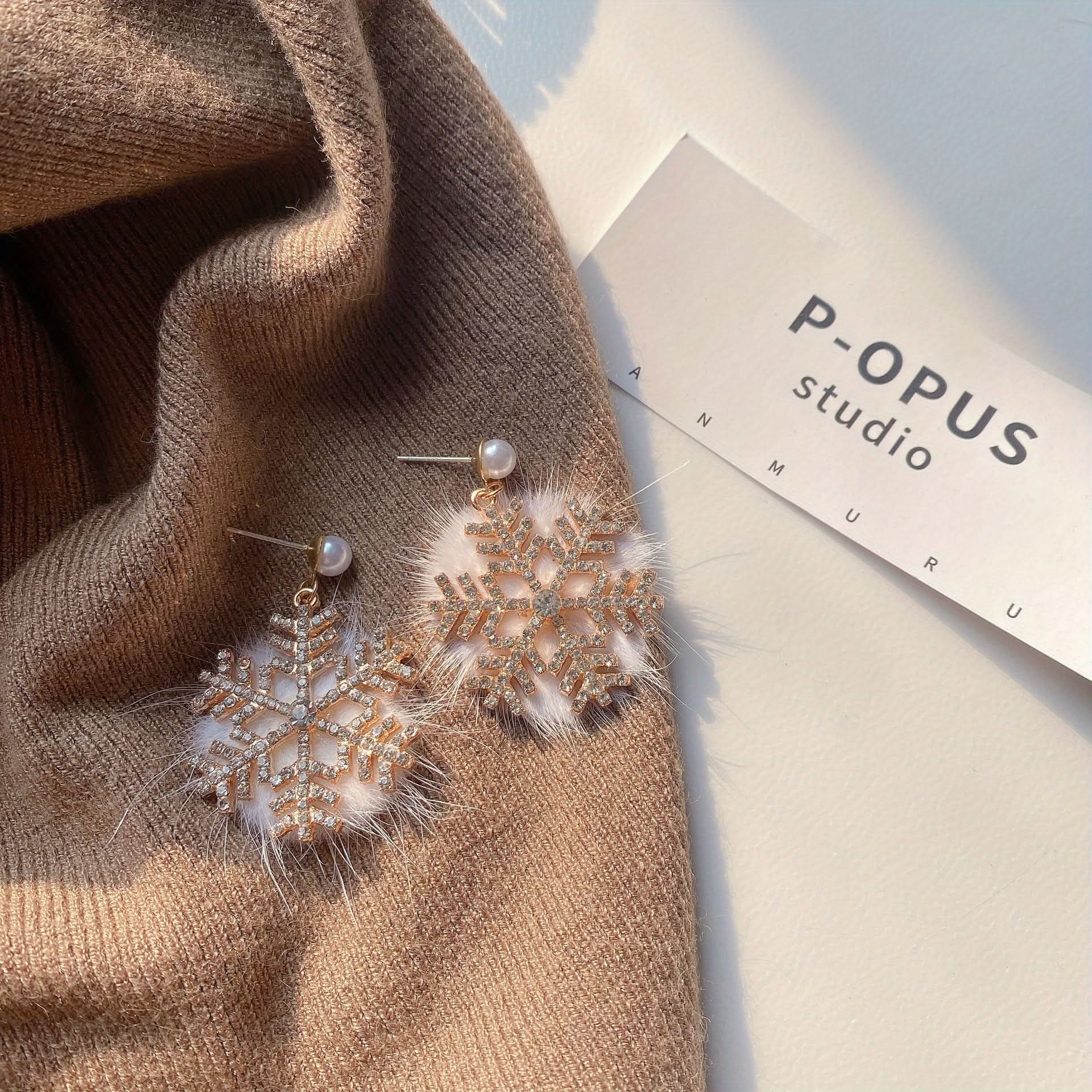 Snowflake Faux Fur Earrings with Gemstones
