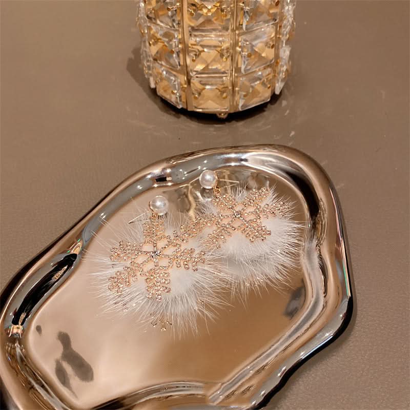 Snowflake Faux Fur Earrings with Gemstones