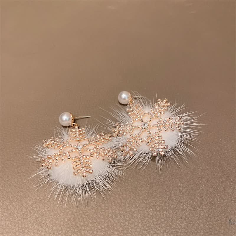 Snowflake Faux Fur Earrings with Gemstones