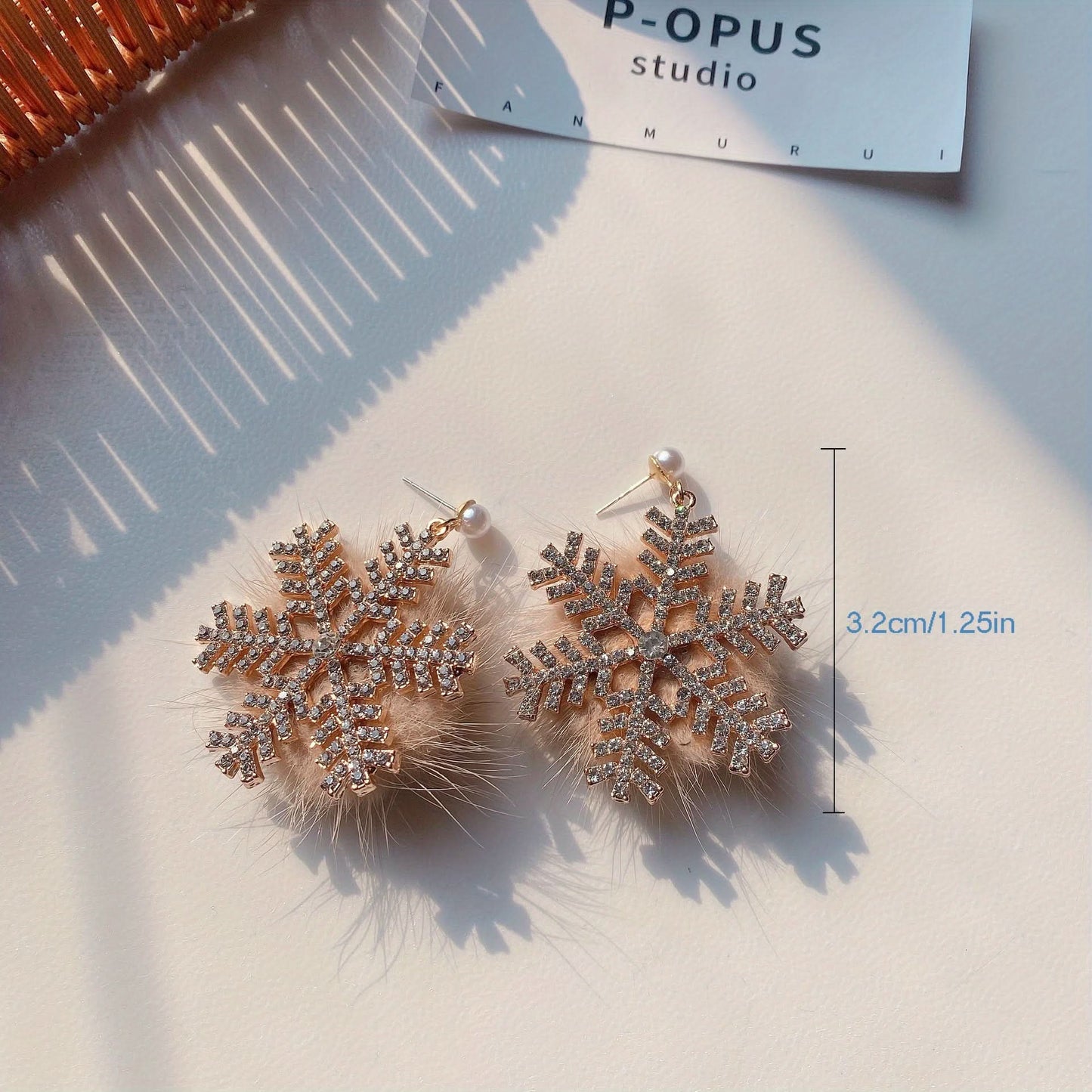 Snowflake Faux Fur Earrings with Gemstones