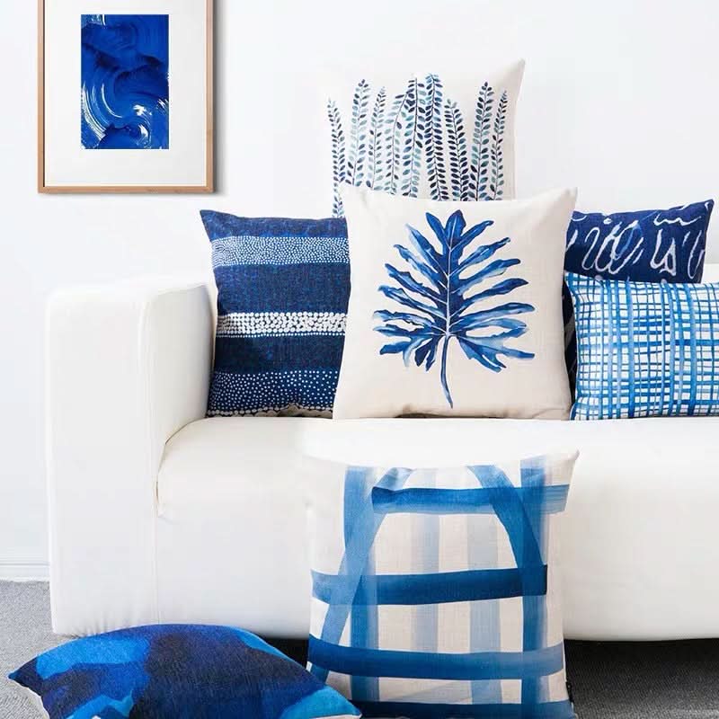 Blue Geometric Linen Pillow Cover (Set of 2)