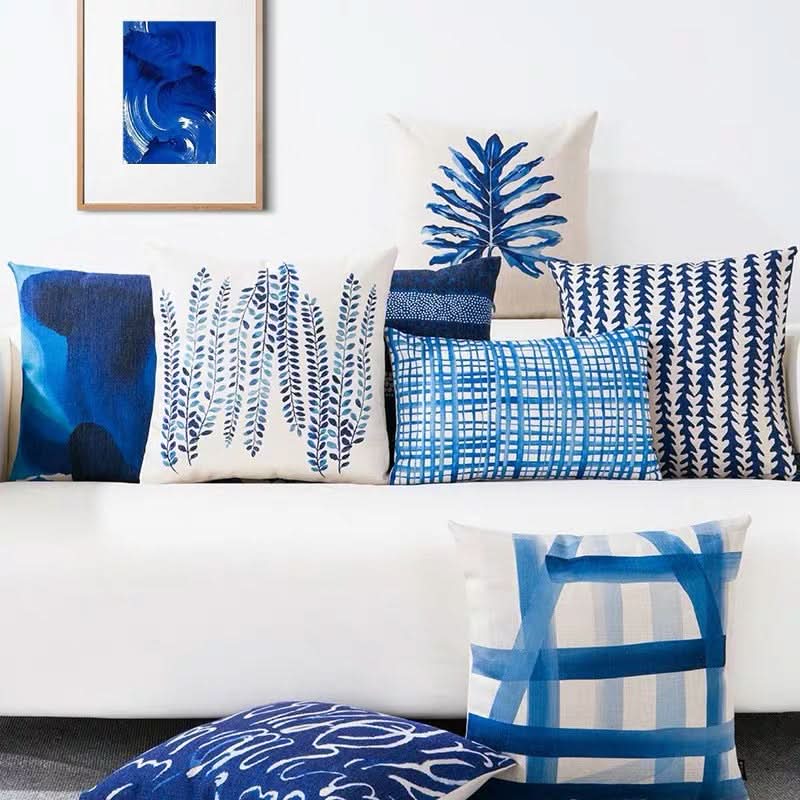 Blue Geometric Linen Pillow Cover (Set of 2)