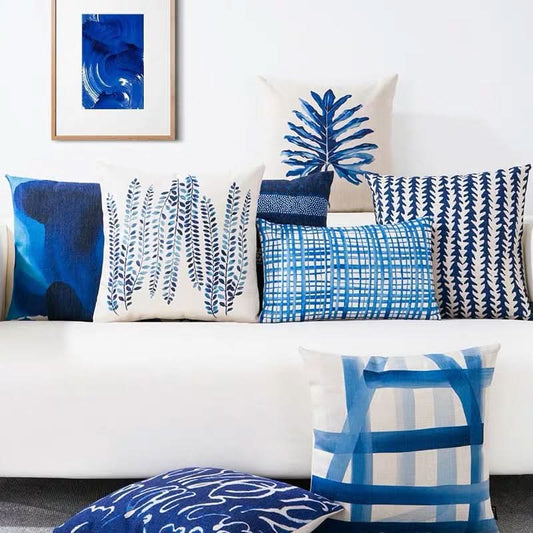 Blue Geometric Linen Pillow Cover (Set of 2)