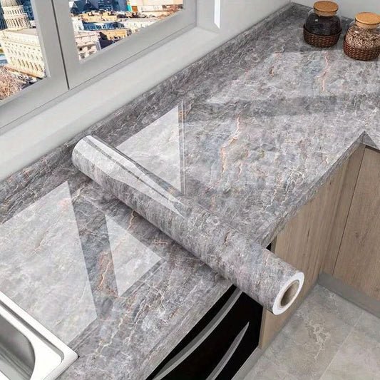 Kitchen Waterproof & Oil-Resistant Grey Marble Wall Sticker Roll