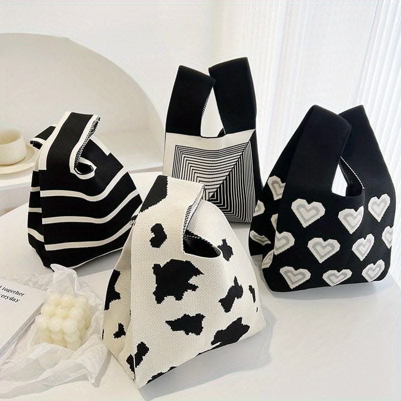 Stylish Black & White Heart Knitted Hobo Bag