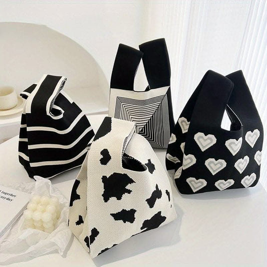 Stylish Black & White Heart Knitted Hobo Bag
