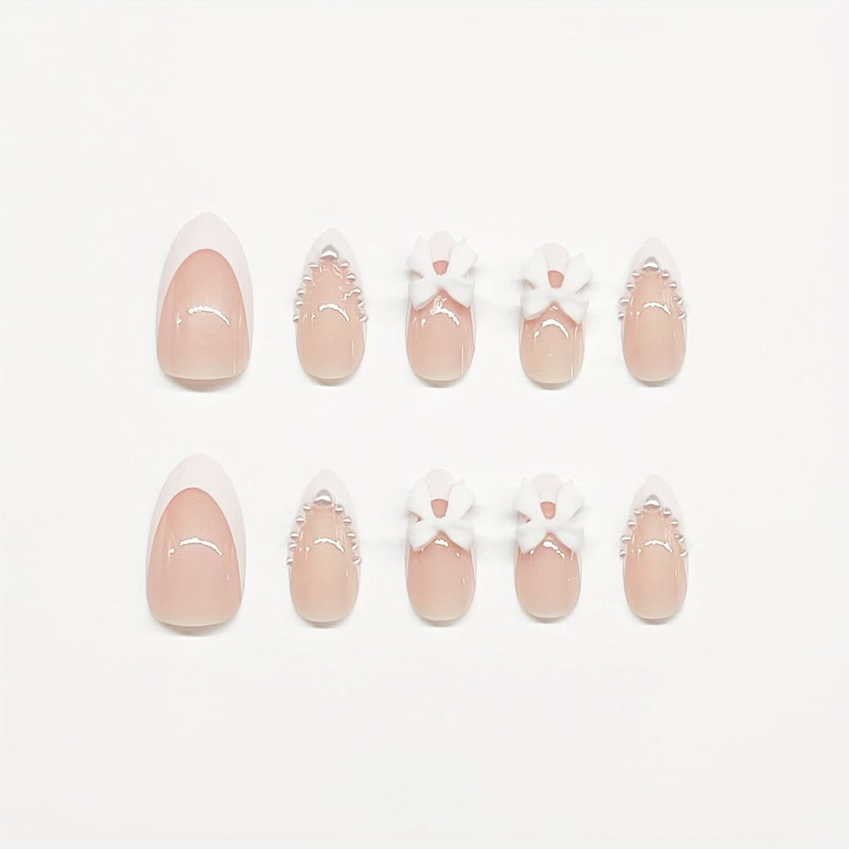 24 Pcs Pearl & Heart Bow Press-On Nails – Short Almond Shape Glossy Finish Fake Nails