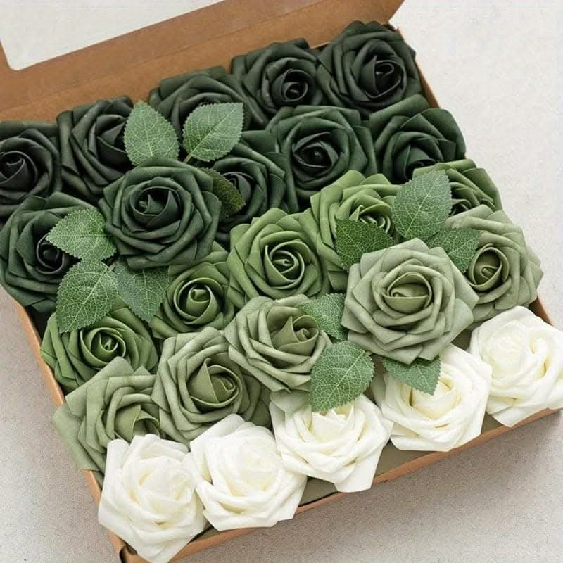 25pcs Forest Green Ombre Artificial Roses - Luxurious & Real-Like
