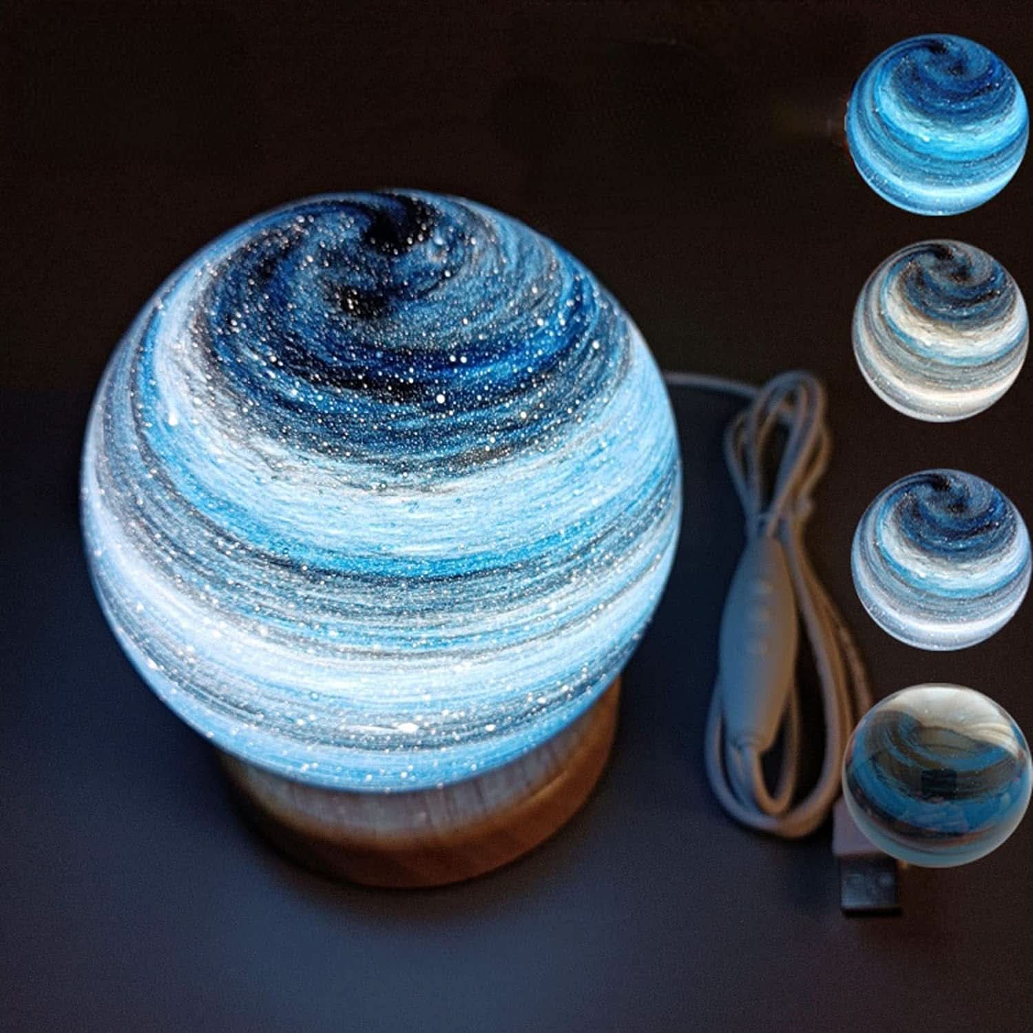 Starry Night Moon Lamp with Wooden Stand – USB-Powered LED Galaxy Light