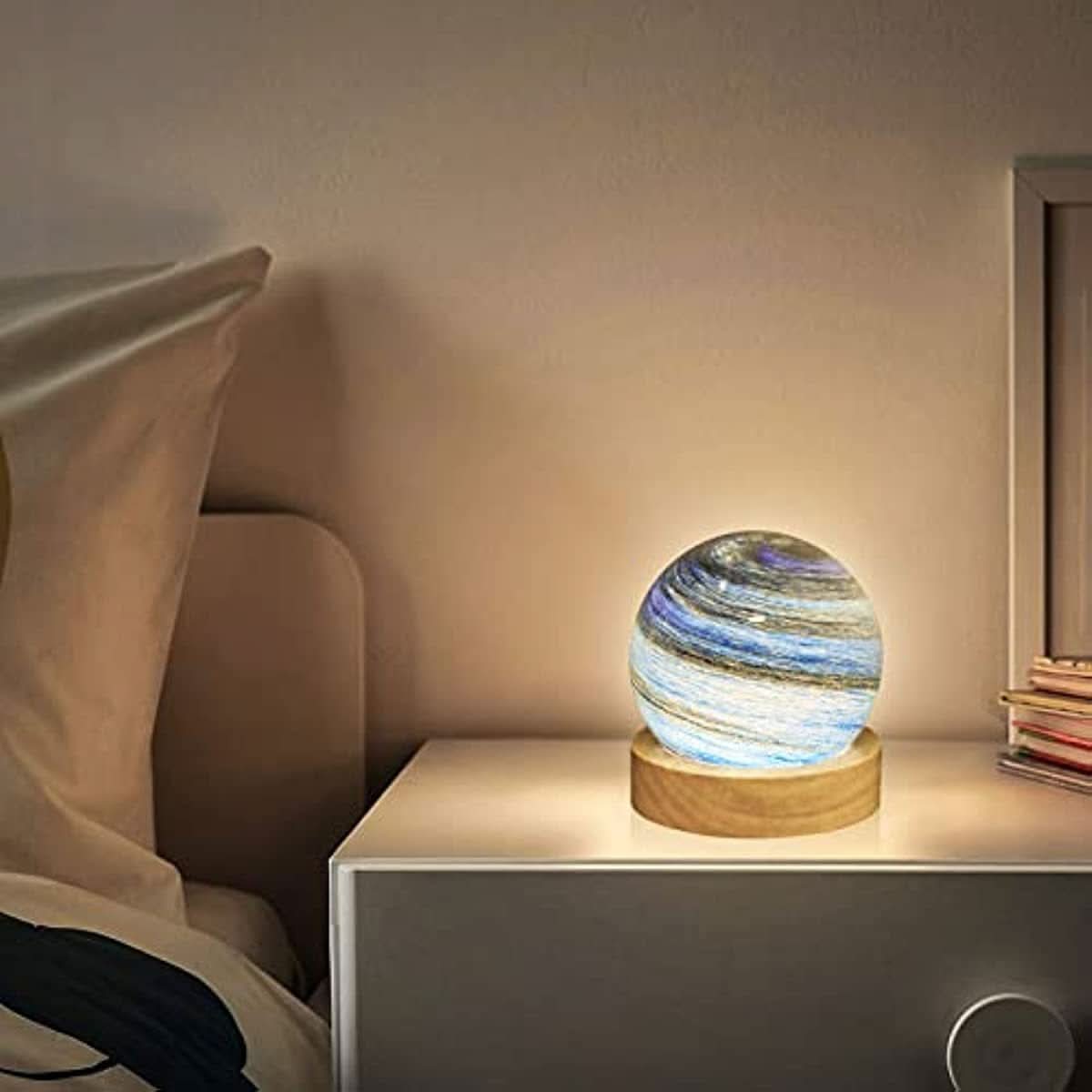 Starry Night Moon Lamp with Wooden Stand – USB-Powered LED Galaxy Light