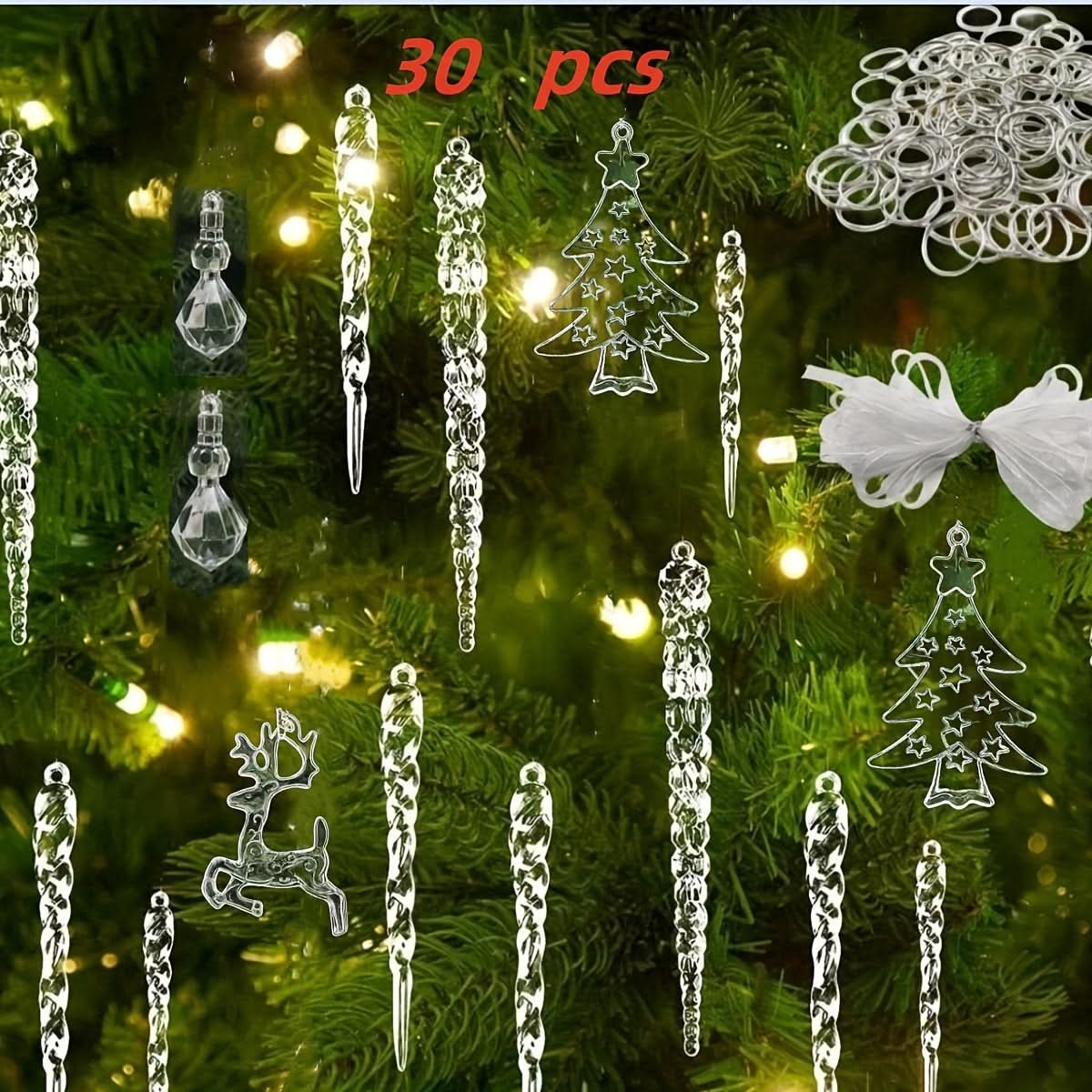 30pcs Christmas Tree Crystal Decorations – Transparent Acrylic Ornaments for Party Decor