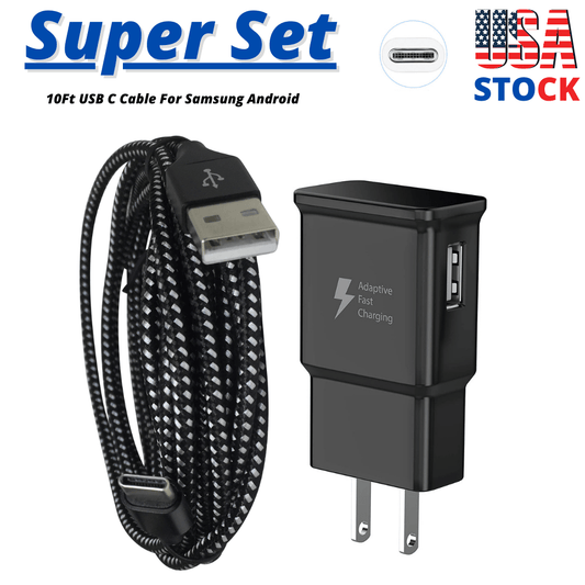 Ultra-Fast Charging Bundle - 10FT Durable Type C Cable & USB Wall Adapter