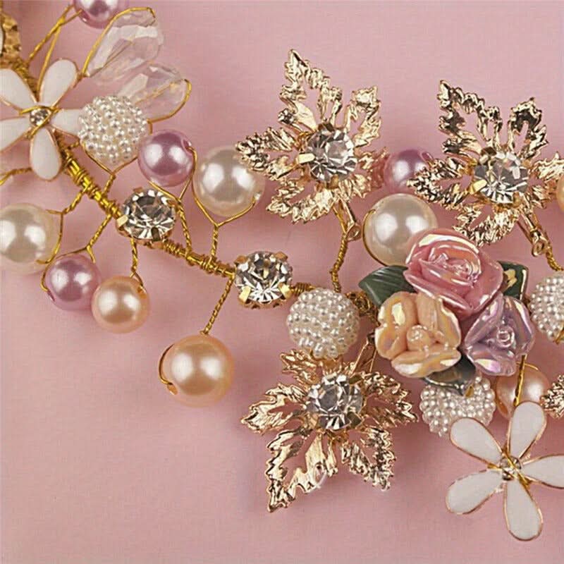 Handwoven Pearl & Ceramic Flower Bridal Headband Set