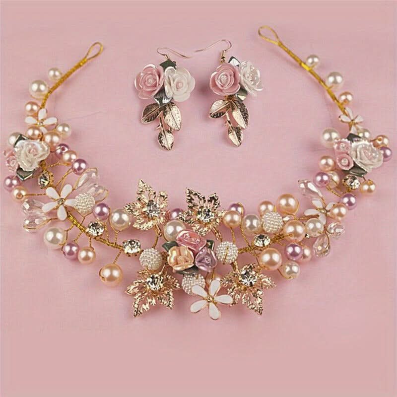Handwoven Pearl & Ceramic Flower Bridal Headband Set