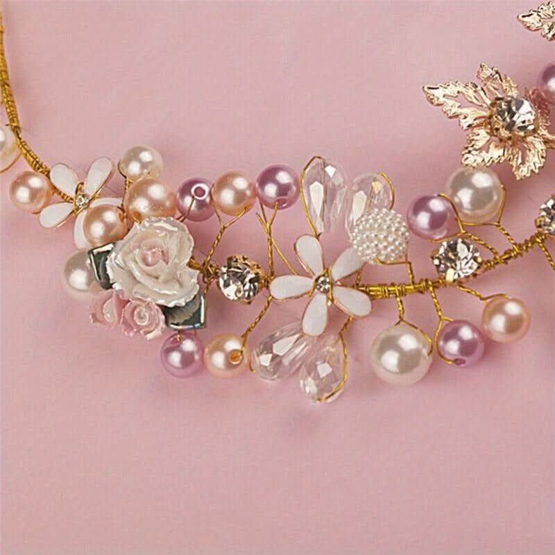 Handwoven Pearl & Ceramic Flower Bridal Headband Set