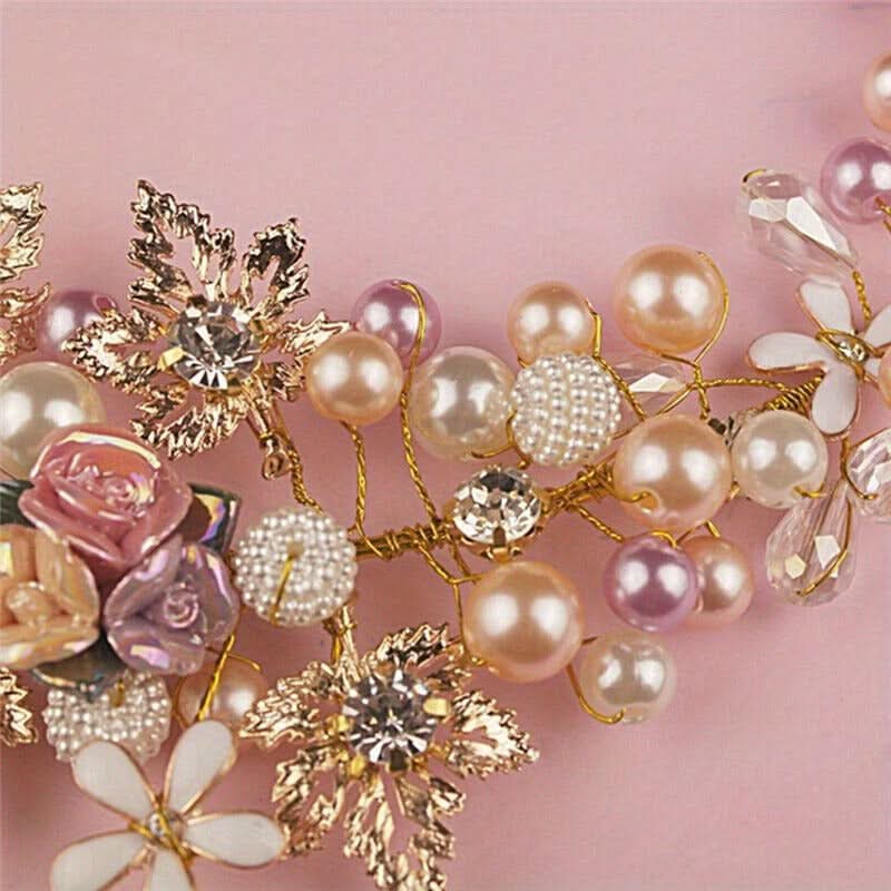 Handwoven Pearl & Ceramic Flower Bridal Headband Set