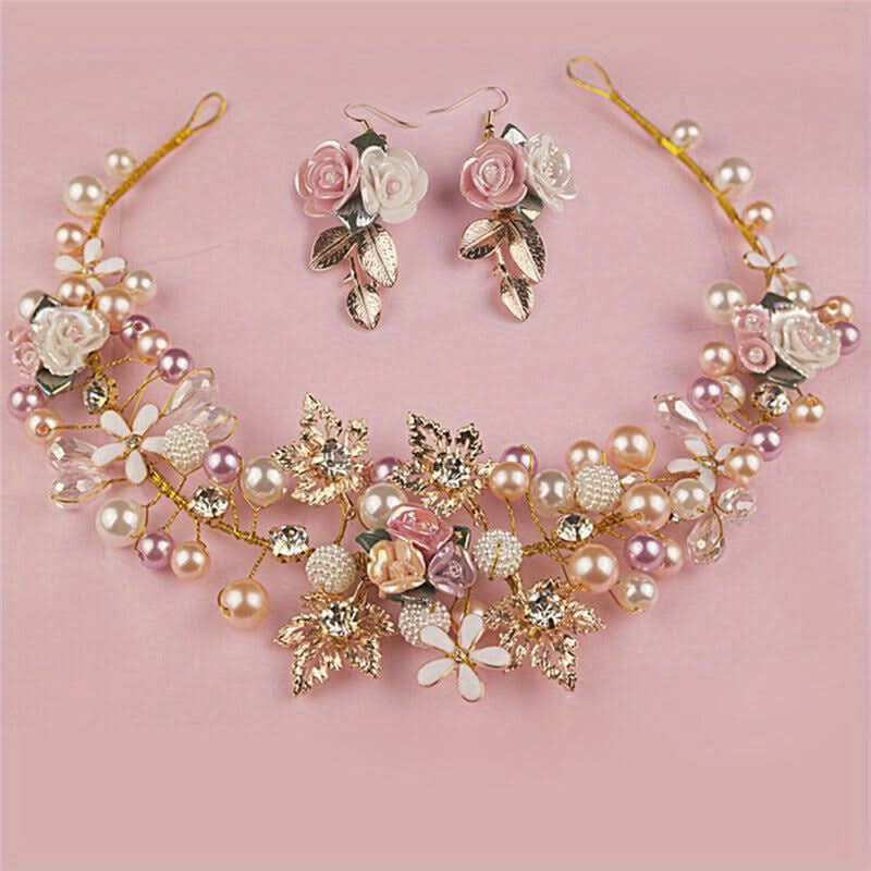 Handwoven Pearl & Ceramic Flower Bridal Headband Set