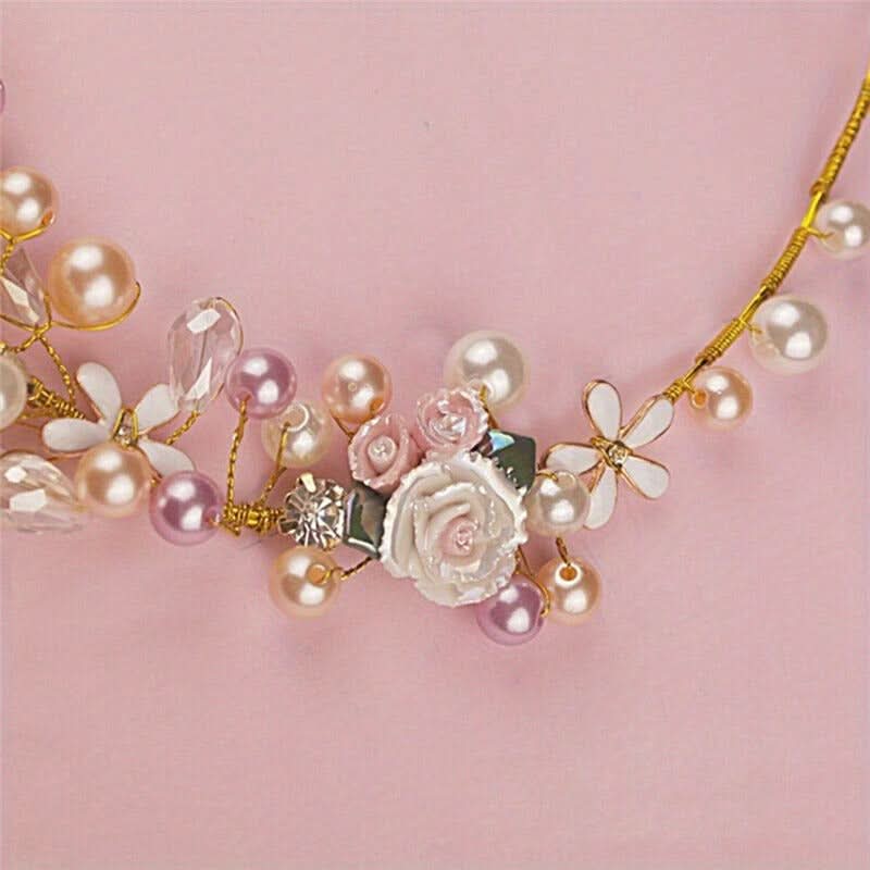 Handwoven Pearl & Ceramic Flower Bridal Headband Set