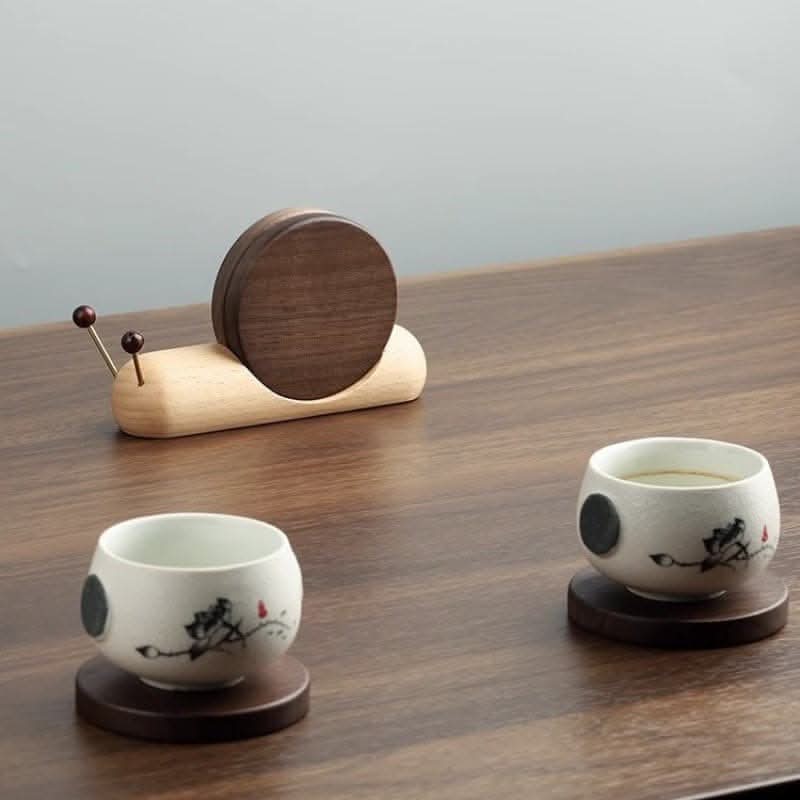 Black Walnut Wood Coaster Set - Insulated Snail Design Tea Mats