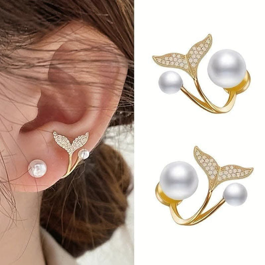 Mermaid Tail Stud Earrings – Rhinestone & Pearl