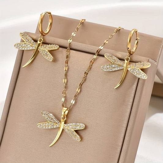 2 Piece Golden Dragonfly Pendant Set