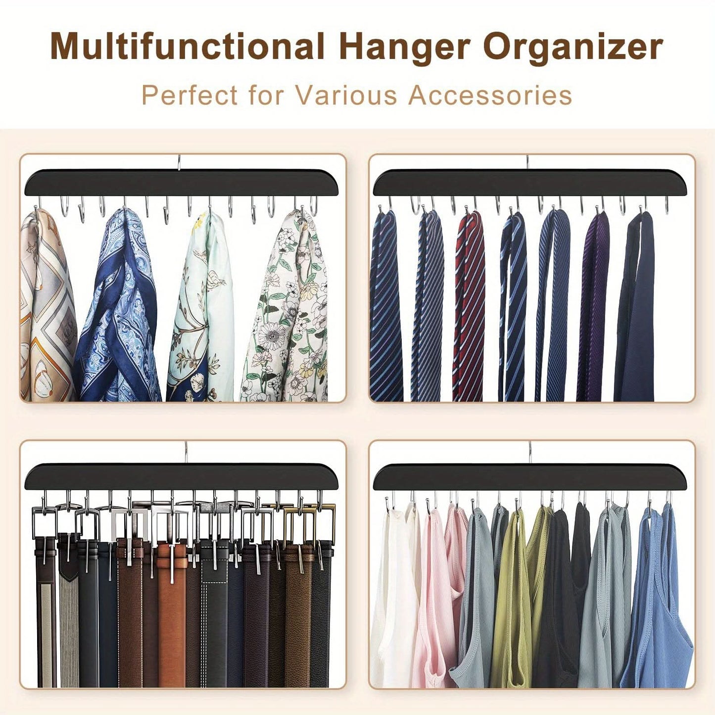 14-Slot Wooden Belt Hanger with Polished Hooks
