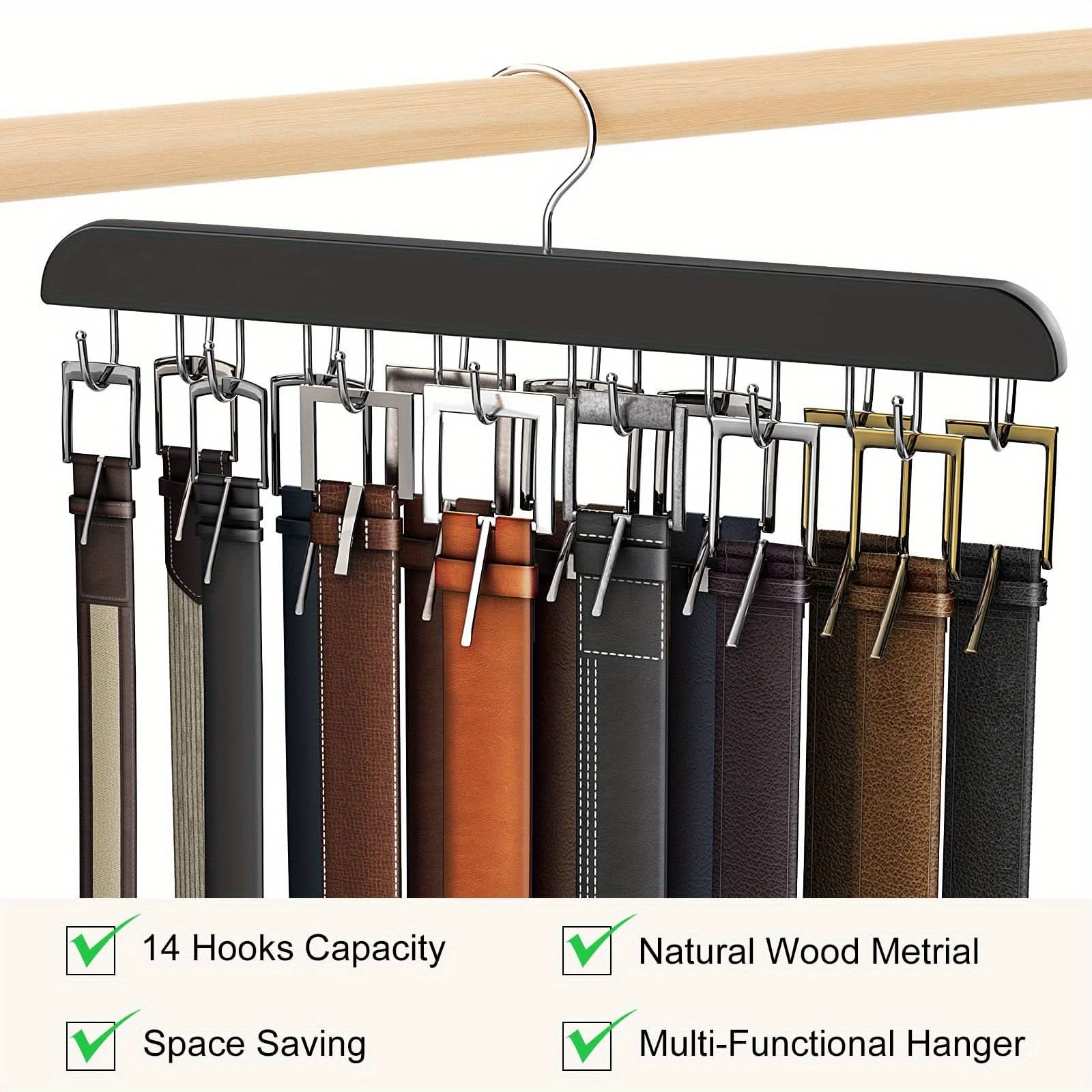 14-Slot Wooden Belt Hanger with Polished Hooks