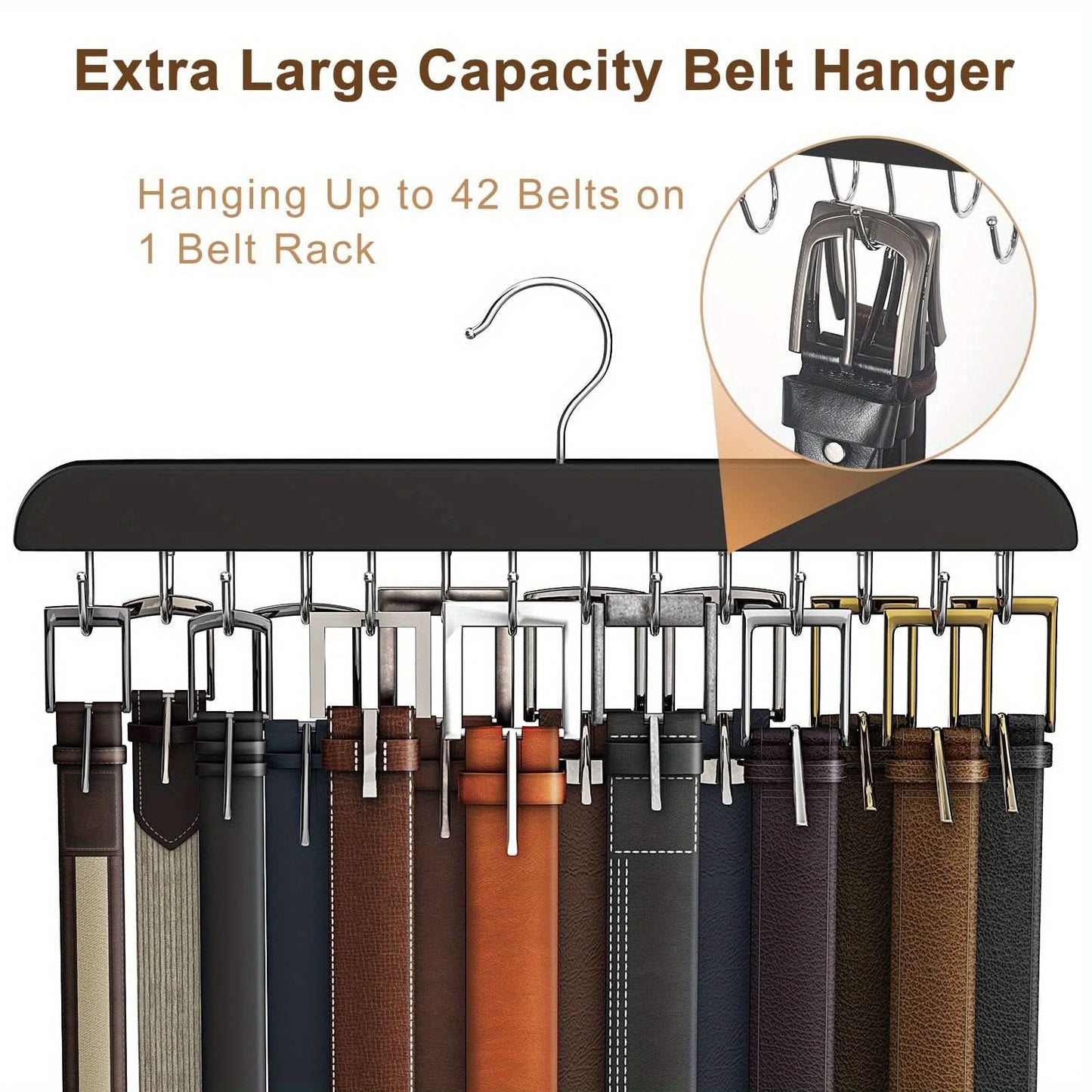 14-Slot Wooden Belt Hanger with Polished Hooks