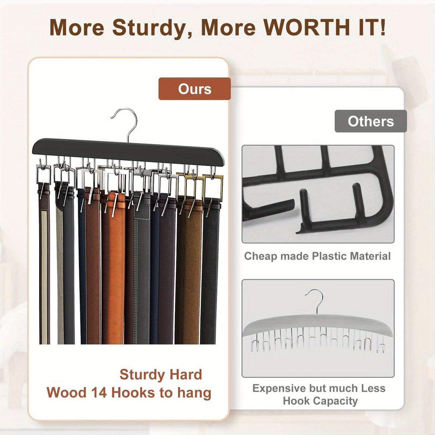 14-Slot Wooden Belt Hanger with Polished Hooks