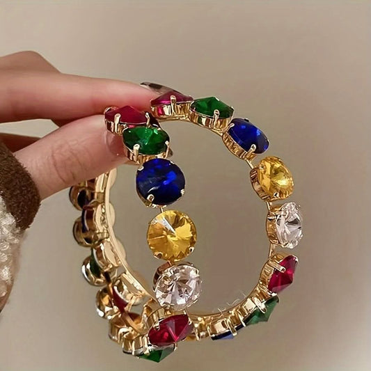Large Bohemian Hoop Earrings with Colorful Rhinestones