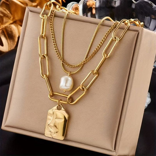 Gold-Colored Stainless Steel Pearl Square Collarbone Chain