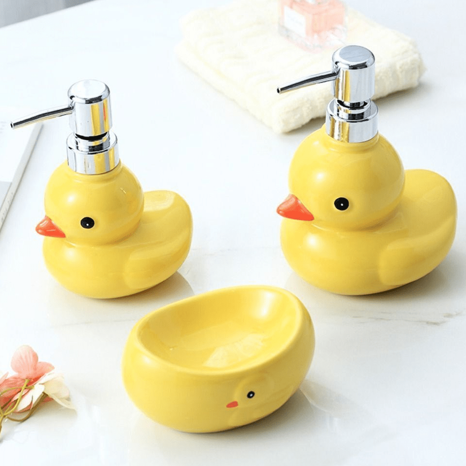 Yellow Duck Ceramic Soap Dispenser – Refillable Bathroom Accessory