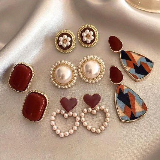 5 Pairs Heart & Pearl Stud Earrings Set