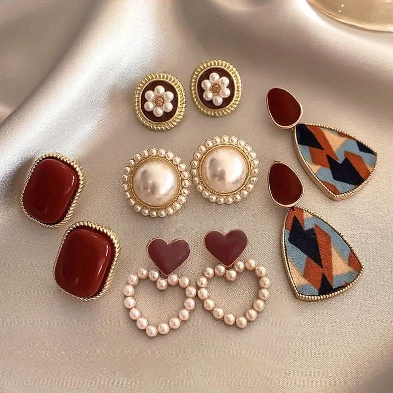 5 Pairs Heart & Pearl Stud Earrings Set