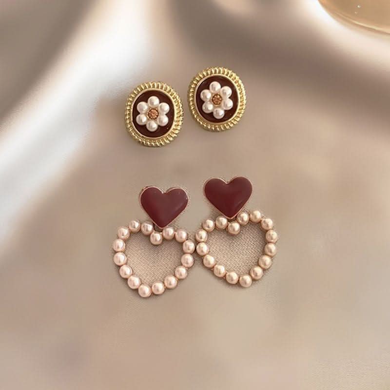 5 Pairs Heart & Pearl Stud Earrings Set