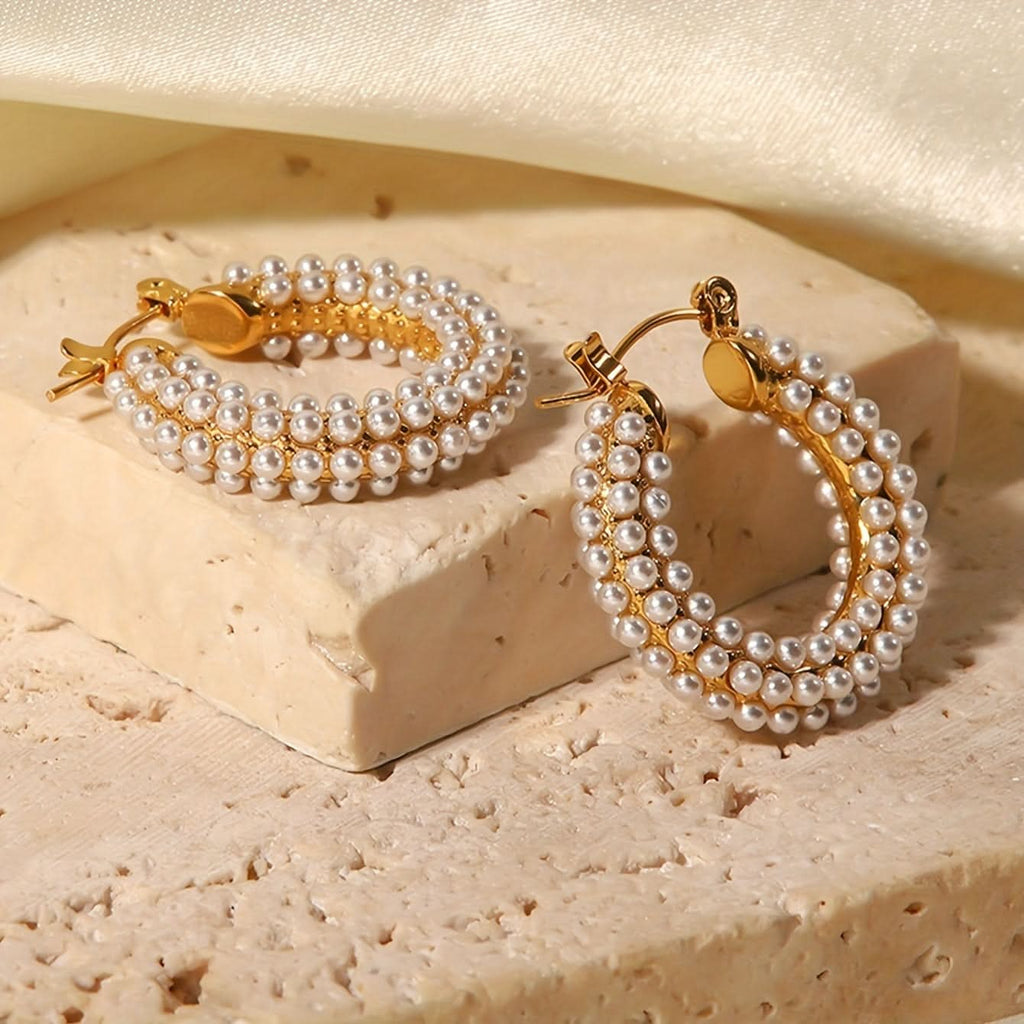 Vintage Pearl Hoop Earrings in Stainless Steel