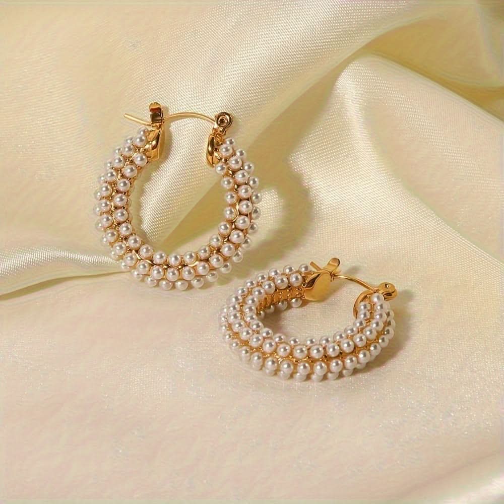 Vintage Pearl Hoop Earrings in Stainless Steel