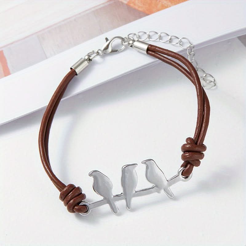 Leather Bird Bracelet, Retro Alloy Charm