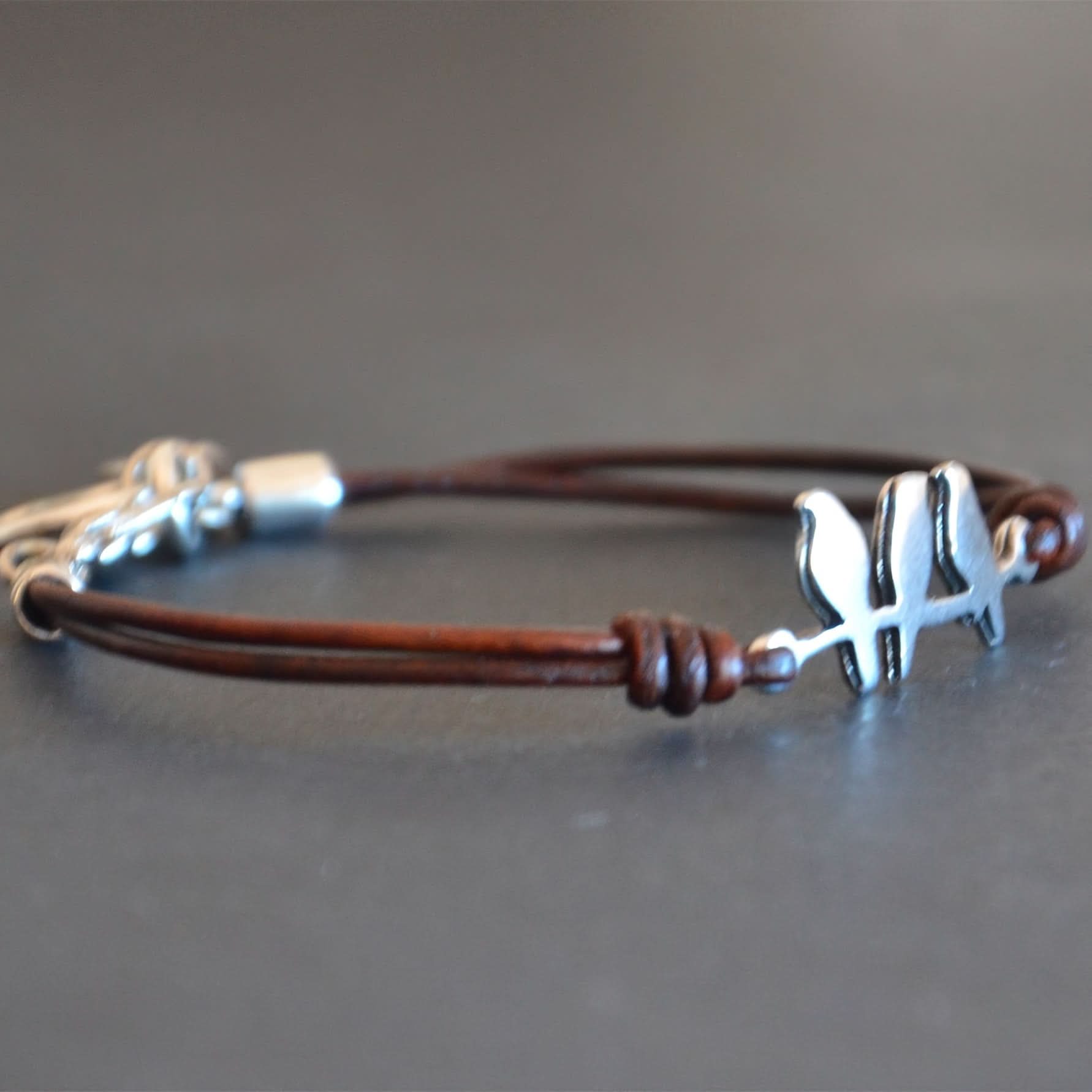 Leather Bird Bracelet, Retro Alloy Charm
